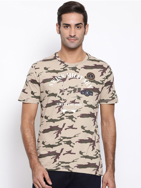 

SWISS MILITARY Men Khaki Brown Camouflage Printed Round Neck Pure Cotton T-shirt