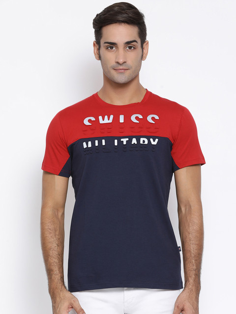 

SWISS MILITARY Men Red & Navy Blue Colourblocked Slim Round Neck T-shirt