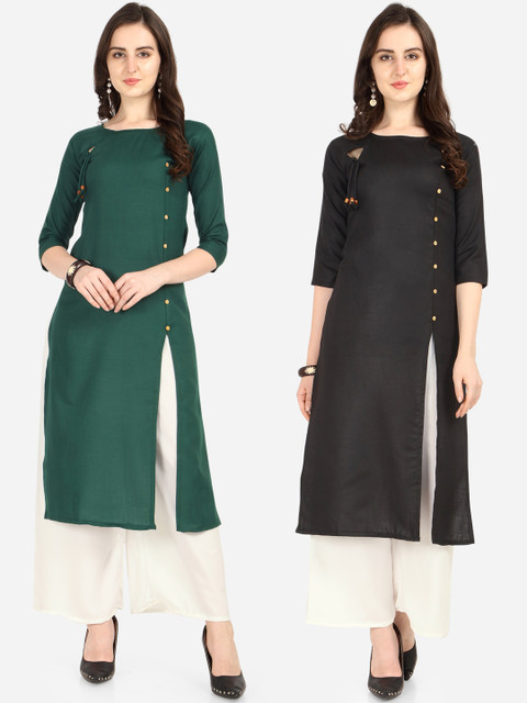 

Silk Bazar Women Set Of 2 Green & Black Solid Straight Kurta