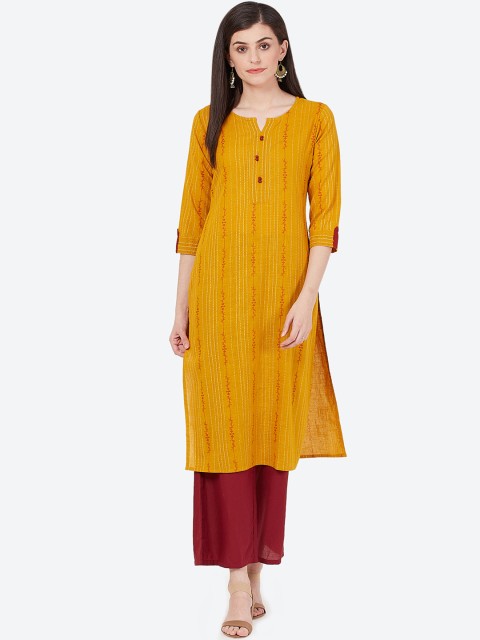 

Meeranshi Women Mustard Yellow Printed Straight Kurta