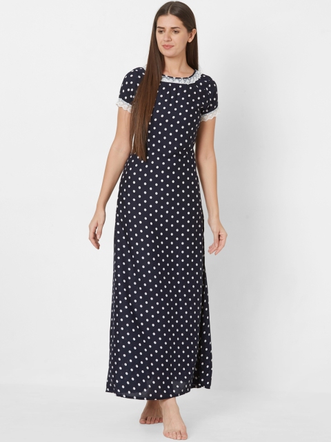 

Sweet Dreams Navy Blue & White Polka Dots Print Nightdress
