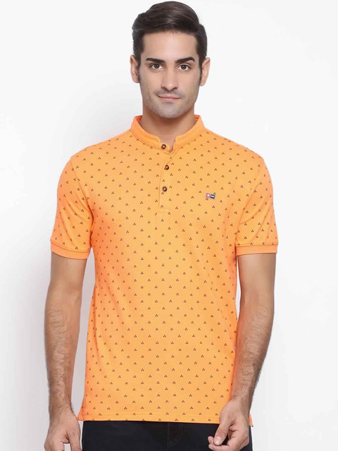 

SWISS MILITARY Men Orange & Black Printed Mandarin Collar T-shirt