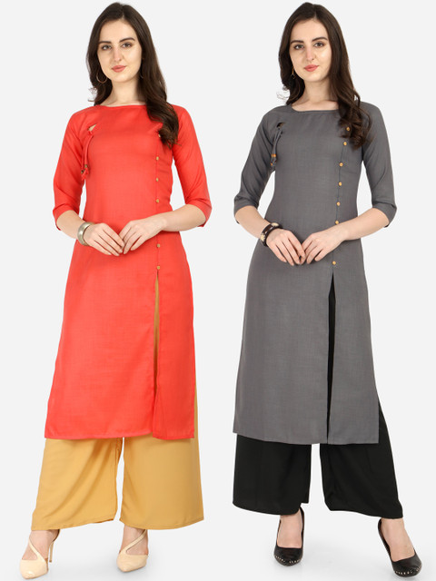 

Silk Bazar Women Pack Of 2 Peach-Coloured & Grey Solid A-Line Kurta