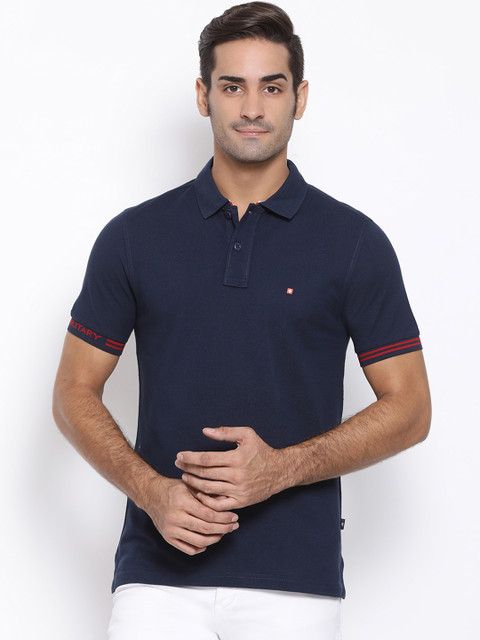 

SWISS MILITARY Men Navy Blue Solid Polo Collar Pure Cotton T-shirt