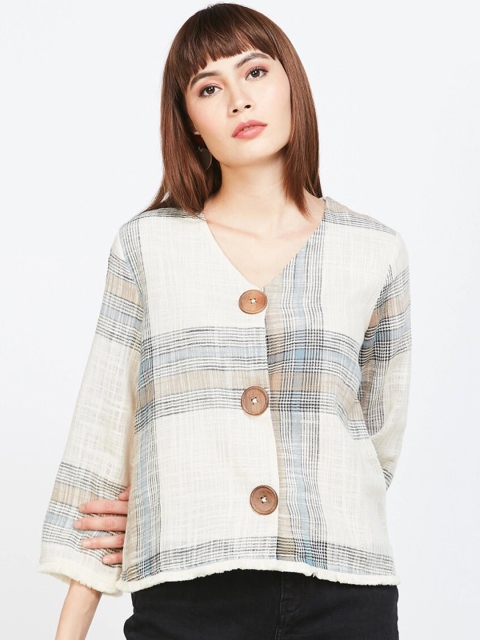 

CODE by Lifestyle Women Beige & White Checked Button Shrug