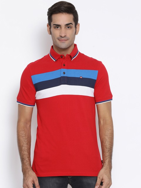 

SWISS MILITARY Men Red Blue Striped Polo Collar Pure Cotton T-shirt