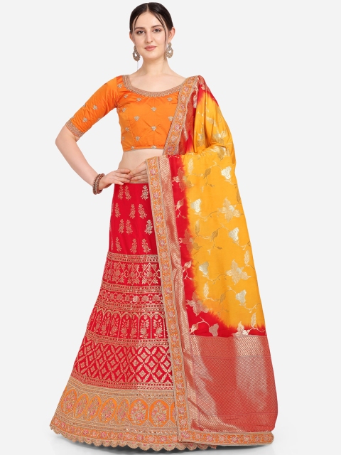 

Stylee LIFESTYLE Red & Orange Printed Semi-Stitched Lehenga & Blouse with Dupatta