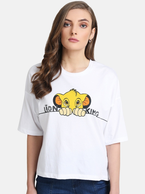 

Kazo Women White & Yellow Lion King Printed Round Neck T-shirt