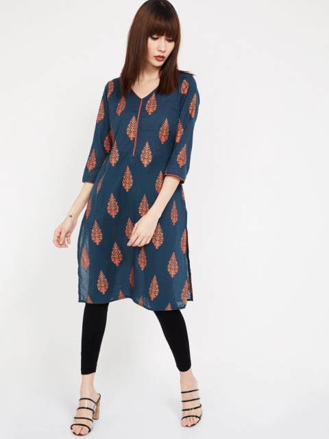 

Melange by Lifestyle Women Blue & Rust Orange Printed Straight Kurta
