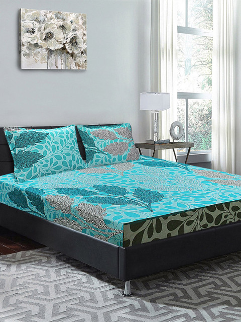 

Good Homes by Home Candy Blue Floral 144 TC Cotton 1 King Bedsheet with 2 Pillow Covers