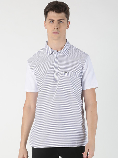 

BLACK BUCK Men White & Navy Blue Striped Polo Collar T-shirt