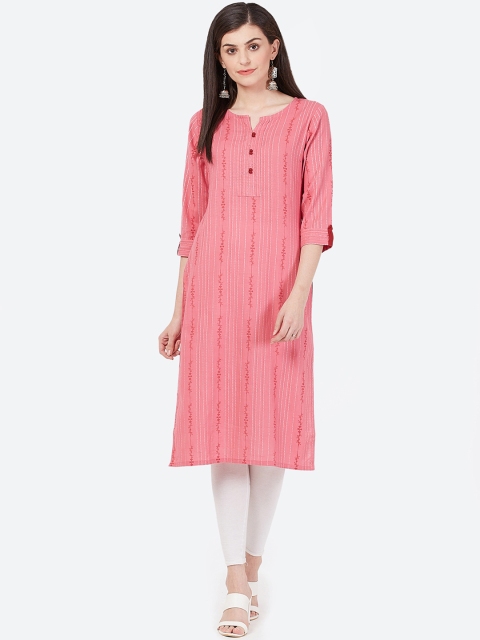 

Meeranshi Women Pink & White Striped Straight Kurta
