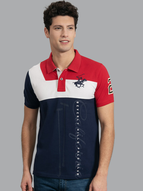 

Beverly Hills Polo Club Men Navy Blue & Red Colourblocked Polo Collar T-shirt