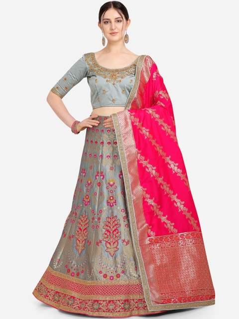 

Stylee LIFESTYLE Grey & Pink Printed Semi-Stitched Lehenga & Blouse with Dupatta