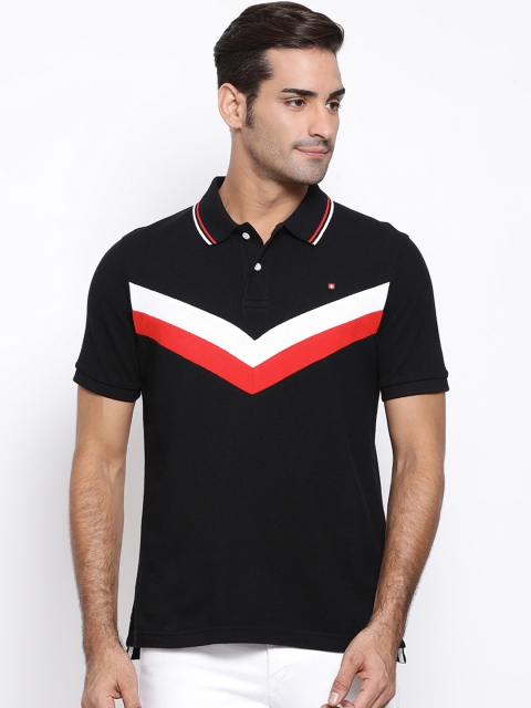 

SWISS MILITARY Men Black Striped Polo Collar T-shirt