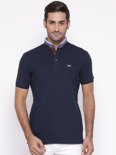 

SWISS MILITARY Men Navy Blue Solid Mandarin Denim Collar Pure Cotton T-shirt