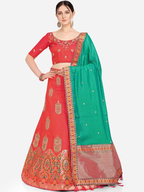 

Stylee LIFESTYLE Red & Green Embroidered Semi-Stitched Lehenga & Blouse with Dupatta