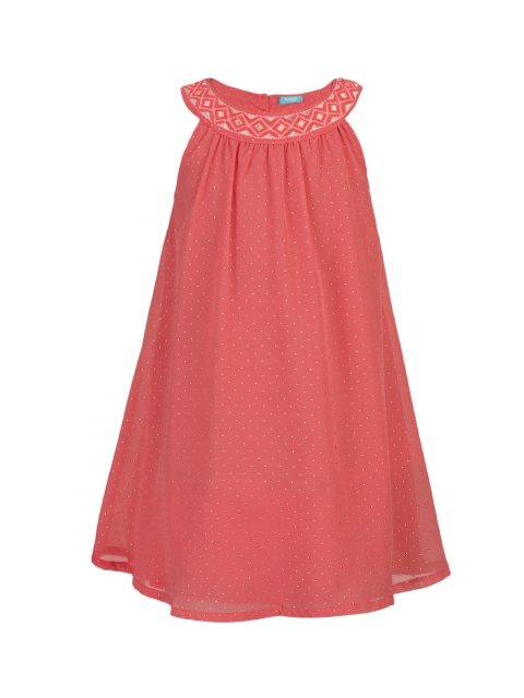 

Miyo Girls Coral Pink Foil Printed A-Line Dress