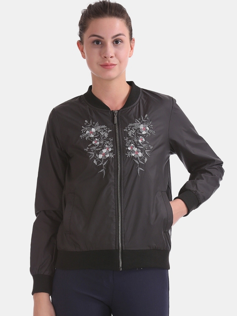 

ELLE Women Black & Grey Embroidered Bomber Jacket
