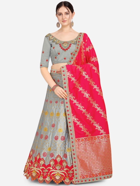 

Stylee LIFESTYLE Grey & Red Woven Design Semi-Stitched Lehenga & Blouse with Dupatta