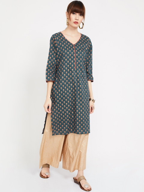 

Melange by Lifestyle Women Teal Green & Pink Woven Design Straight Kurta
