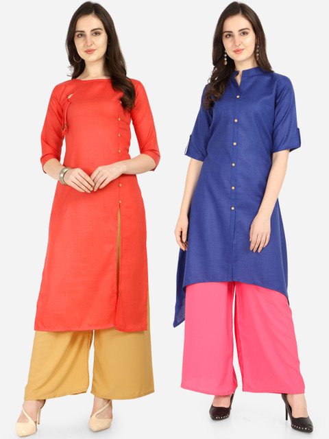 

Silk Bazar Women Set Of 2 Orange & Blue Solid Kurta
