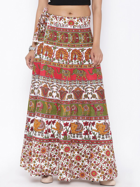 

SOUNDARYA Women White & Green Printed Wrap-Around Maxi Skirt