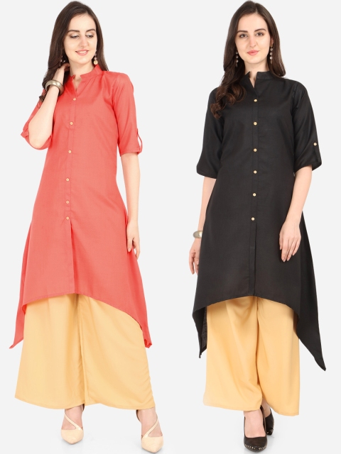 

Silk Bazar Women Set of 2 Pink & Black Solid A-Line Kurtas