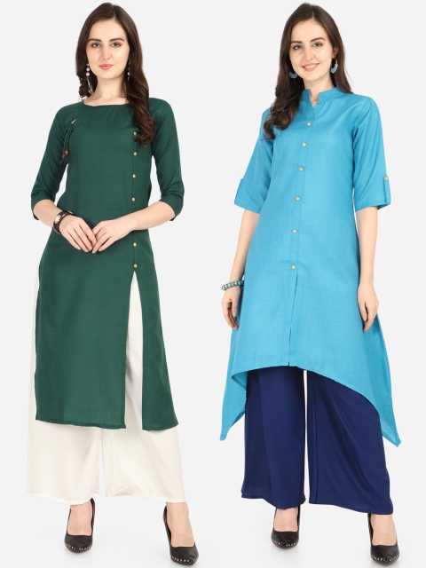 

Silk Bazar Women Green & Turquoise Blue Pack of 2 Solid Straight Kurta