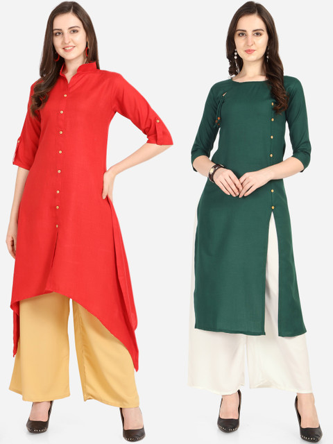 

Silk Bazar Women Green & Red Pack of 2 Solid Straight Kurta