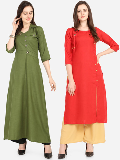 

Silk Bazar Women Pack of 2 Solid Straight Kurtas, Green