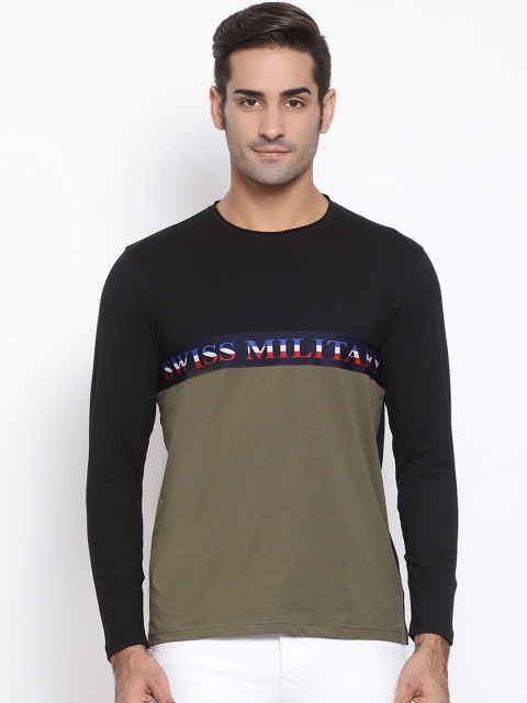

SWISS MILITARY Men Black Olive Green Colourblocked Round Neck Pure Cotton T-shirt