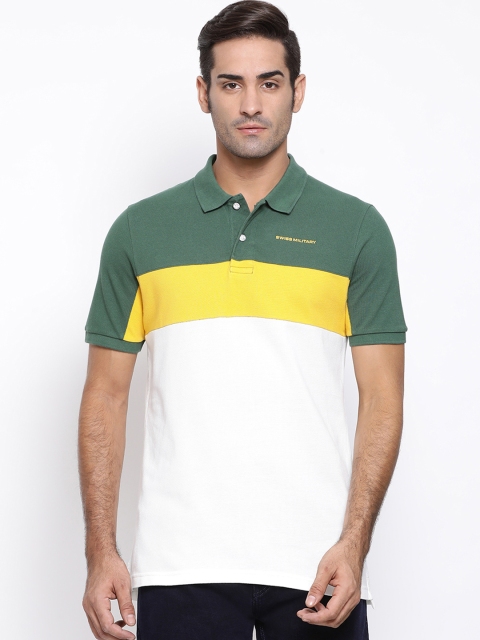

SWISS MILITARY Men White & Green Colourblocked Polo Collar T-shirt, Cream