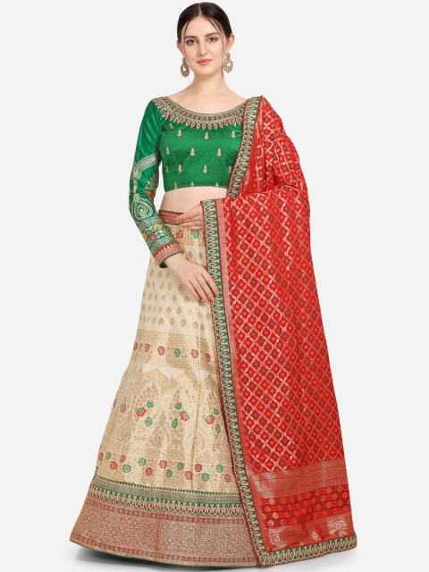 

Stylee LIFESTYLE Beige & Green Embroidered Semi-Stitched Lehenga & Blouse with Dupatta