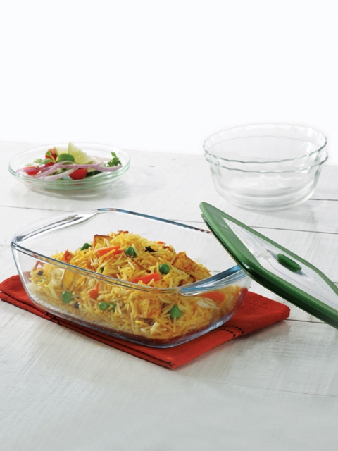 

BOROSIL Transparent & Green Borosilicate Glass Rectangular Baking Dish Container With Lid 1.1 Litre