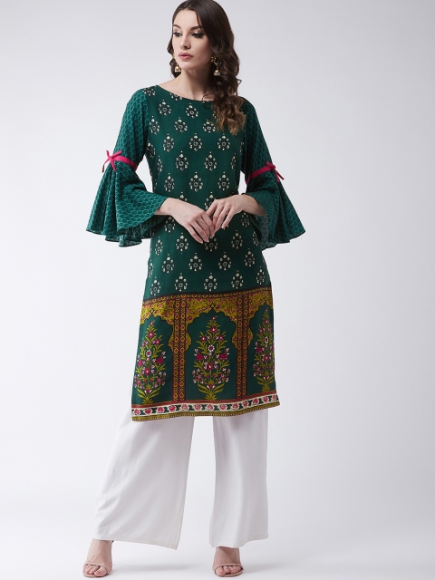 

Pannkh Women Green & Off-White Mughal Printed Straight Kurta