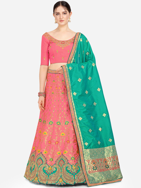 

Stylee LIFESTYLE Pink & Green Embroidered Semi-Stitched Lehenga & Blouse with Dupatta