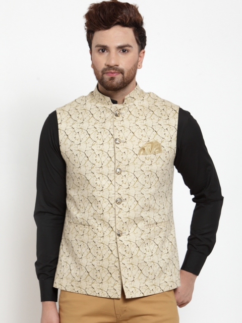 

MAXENCE Men Beige & Brown Printed Linen Nehru Jacket