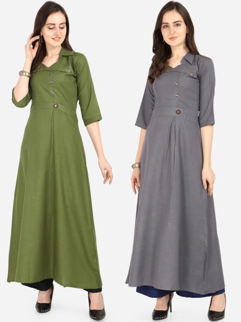 

Silk Bazar Women Set of 2 Green & Grey Solid Anarkali Kurta
