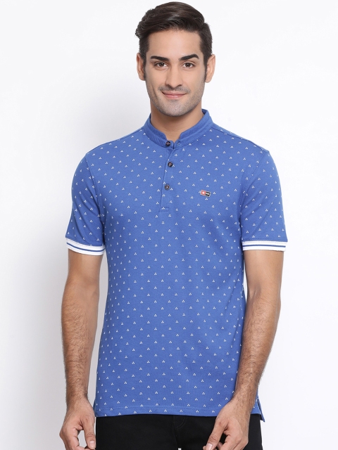 

SWISS MILITARY Men Blue Pigment Printed Henley Neck T-shirt