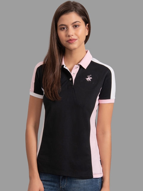 

Beverly Hills Polo Club Women Black & Pink Striped Polo Collar T-shirt