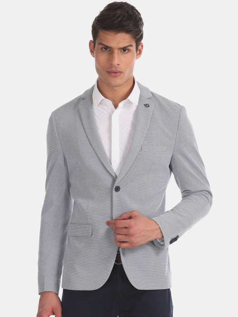 

U.S. Polo Assn. Men Blue & White Self-Design Slim-Fit Single-Breasted Formal Blazer