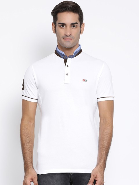 

SWISS MILITARY Men White Solid Mandarin Denim Collar Pure Cotton T-shirt