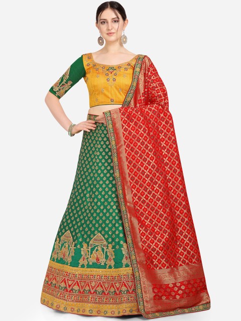 

Stylee LIFESTYLE Green & Red Embroidered Semi-Stitched Lehenga & Blouse with Dupatta