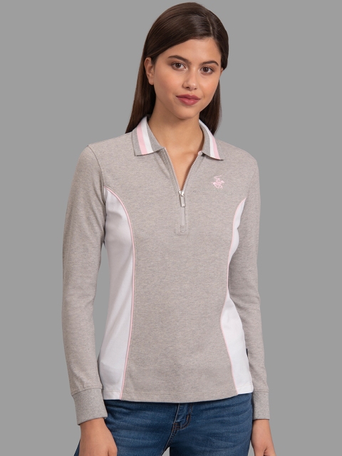 

Beverly Hills Polo Club Women Grey & White Colourblocked Polo Collar T-shirt