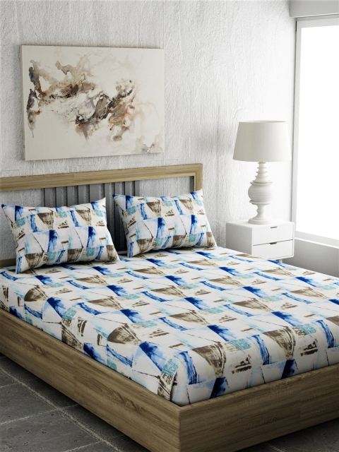 

EverHOME White & Blue Geometric 210 TC Cotton 1 Queen Bedsheet with 2 Pillow Covers