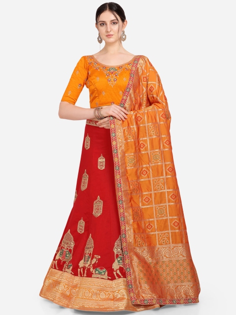 

Stylee LIFESTYLE Mustard Yellow & Red Semi-Stitched Lehenga & Blouse with Dupatta
