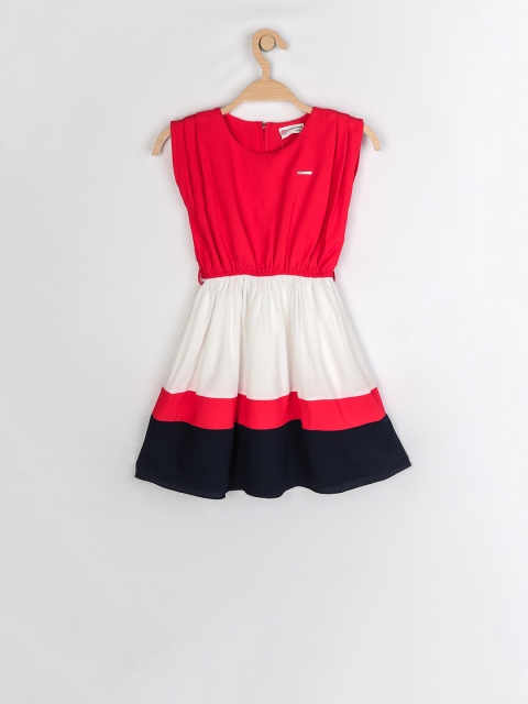 

Peppermint Girls Peach-Coloured And White Colourblocked Fit and Flare Dress