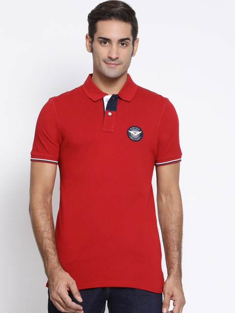 

SWISS MILITARY Men Red Slim Fit Solid Polo Collar Pure Cotton T-shirt