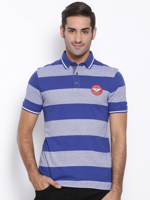 

SWISS MILITARY Men Blue & Grey Striped Polo Collar T-shirt